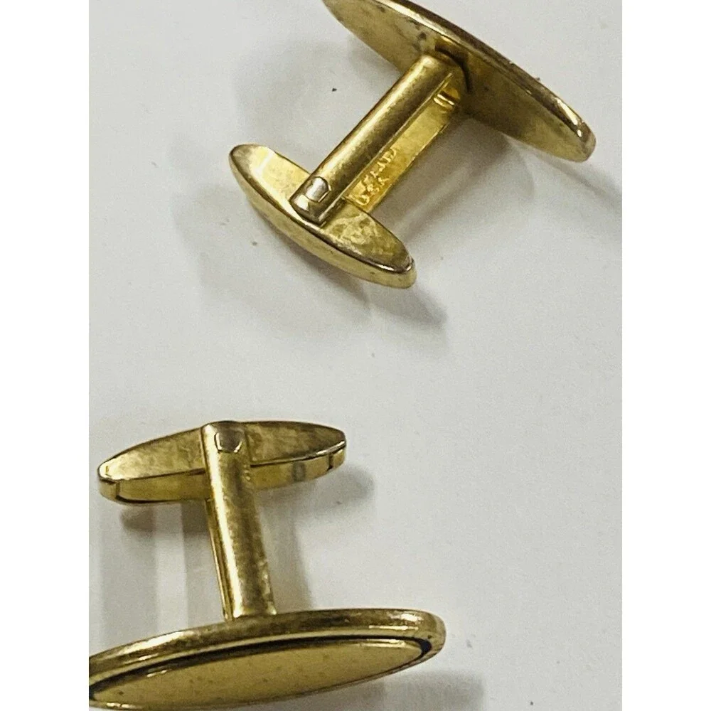 Vintage Mid Century Gold Plated Black Enamel Oval Cufflinks Pat Pend Bullet Back